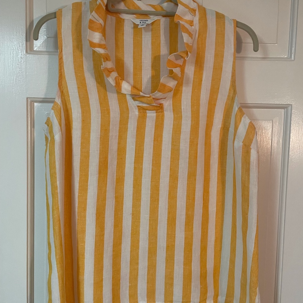 Sunflower yellow striped linen top with ruffled collar